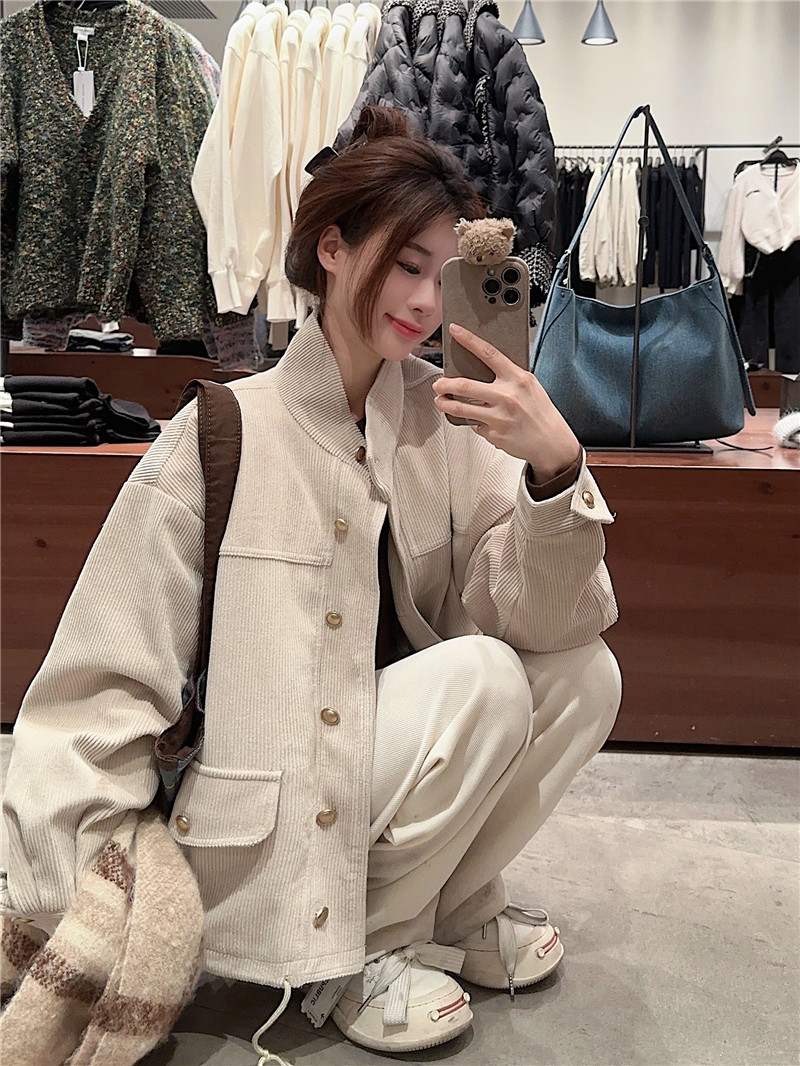 实拍实价纯色经典复古灯芯绒羽绒服外套