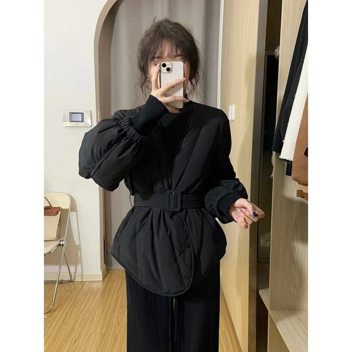 韩版2025年时尚气质收腰棉服女修身小众秋冬季小众显瘦长袖上衣潮